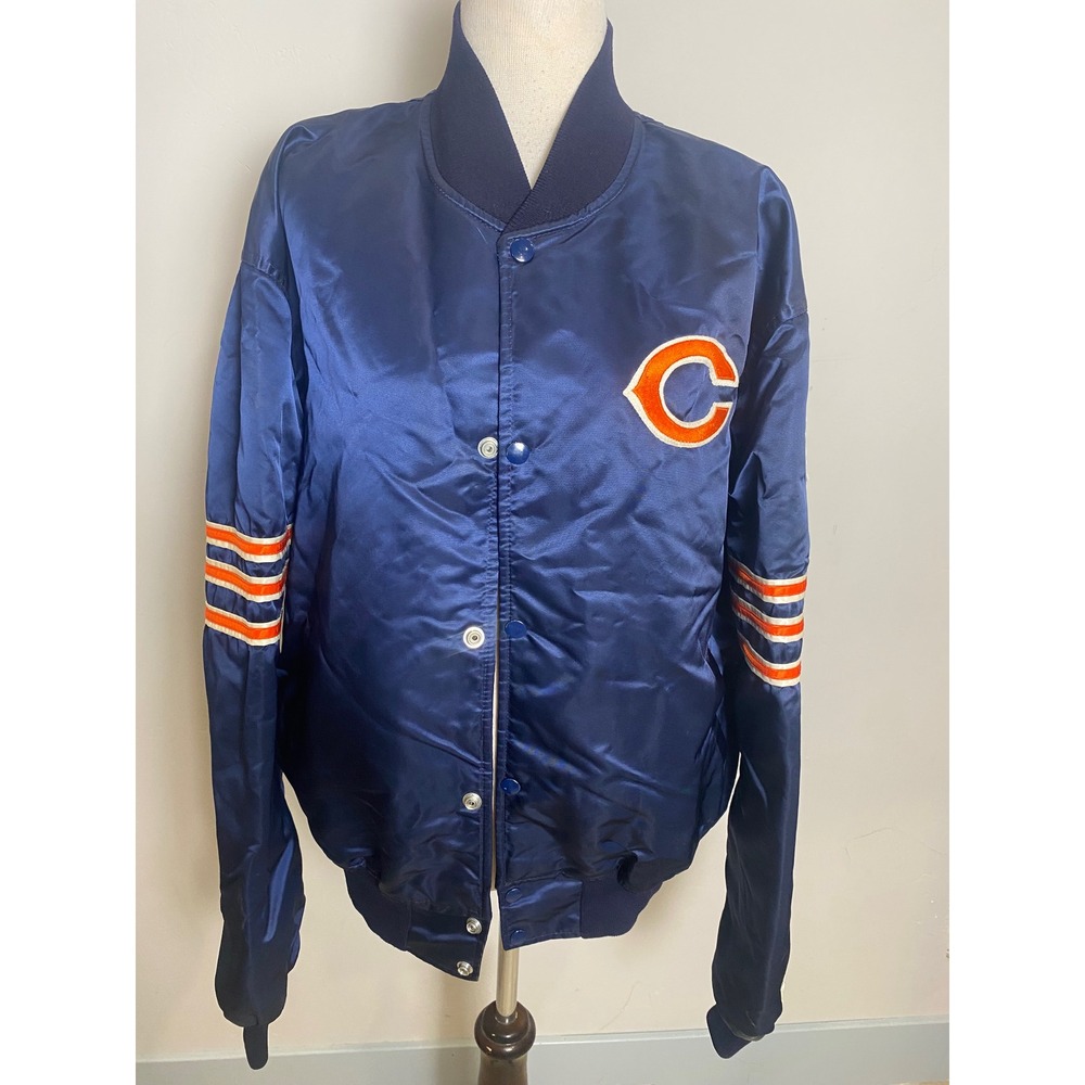 Vintage 90s Chicago Bears Starter Satin Bomber Jacket NFL Pro Line Navy Blue XL